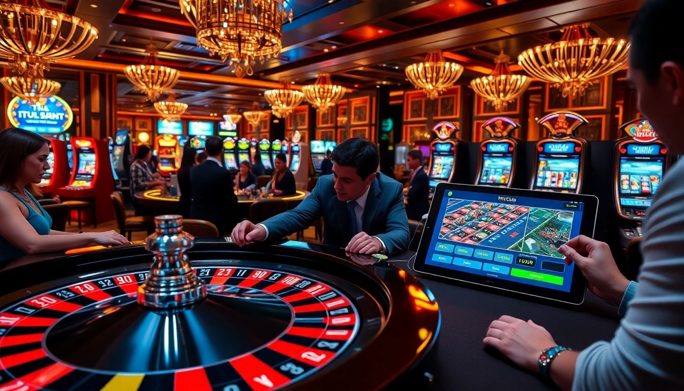 Hitclub trang chủ: players enjoying a thrilling casino atmosphere with roulette and slot machines.