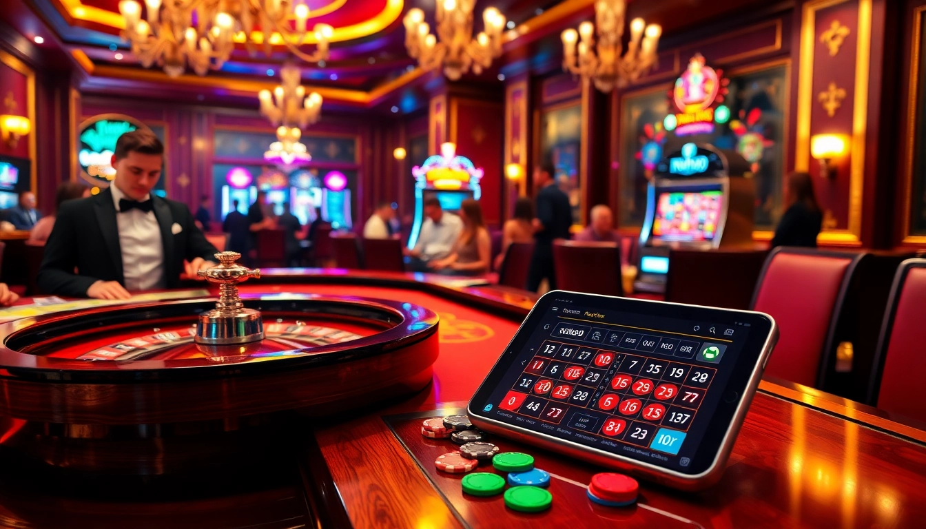 Exciting casino ambiance with players at the roulette table symbolizing nohu90 gaming thrill.