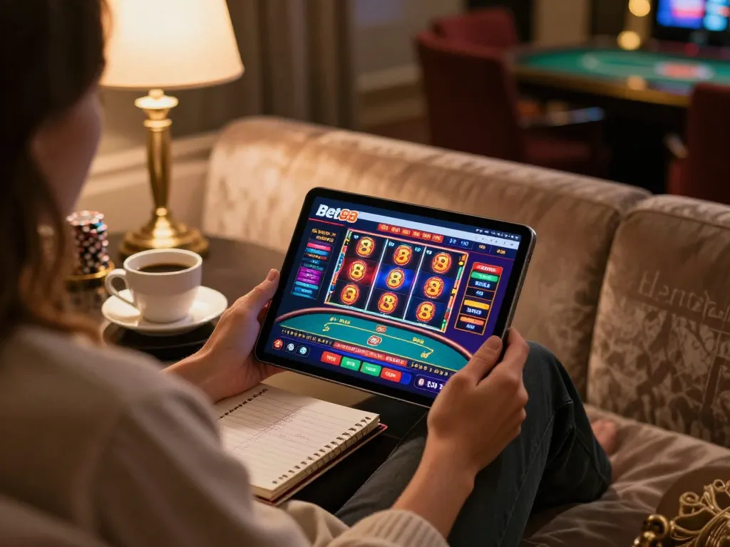 Bet88 player immersed in online casino gaming experience on tablet.