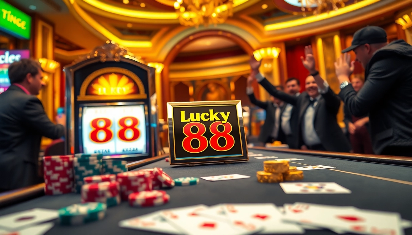 Players celebrating wins at the Lucky88 slot machine in a luxurious casino setting.