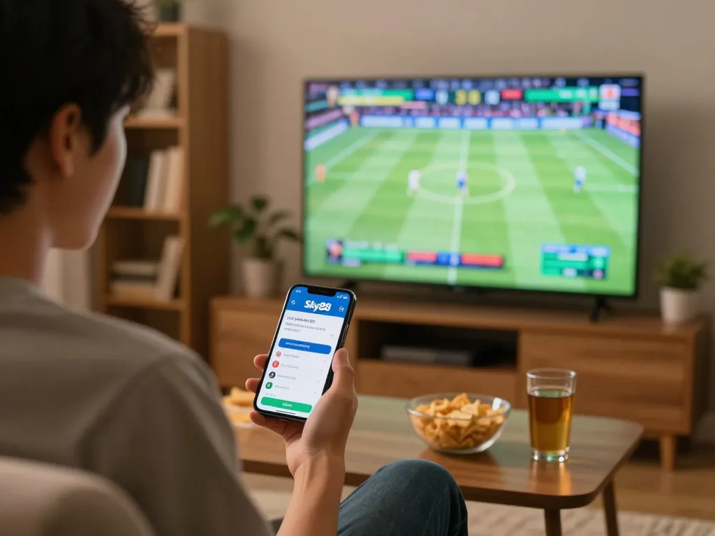 Placing bets with Link truy cập Sky88 app during an exciting sports game at home.