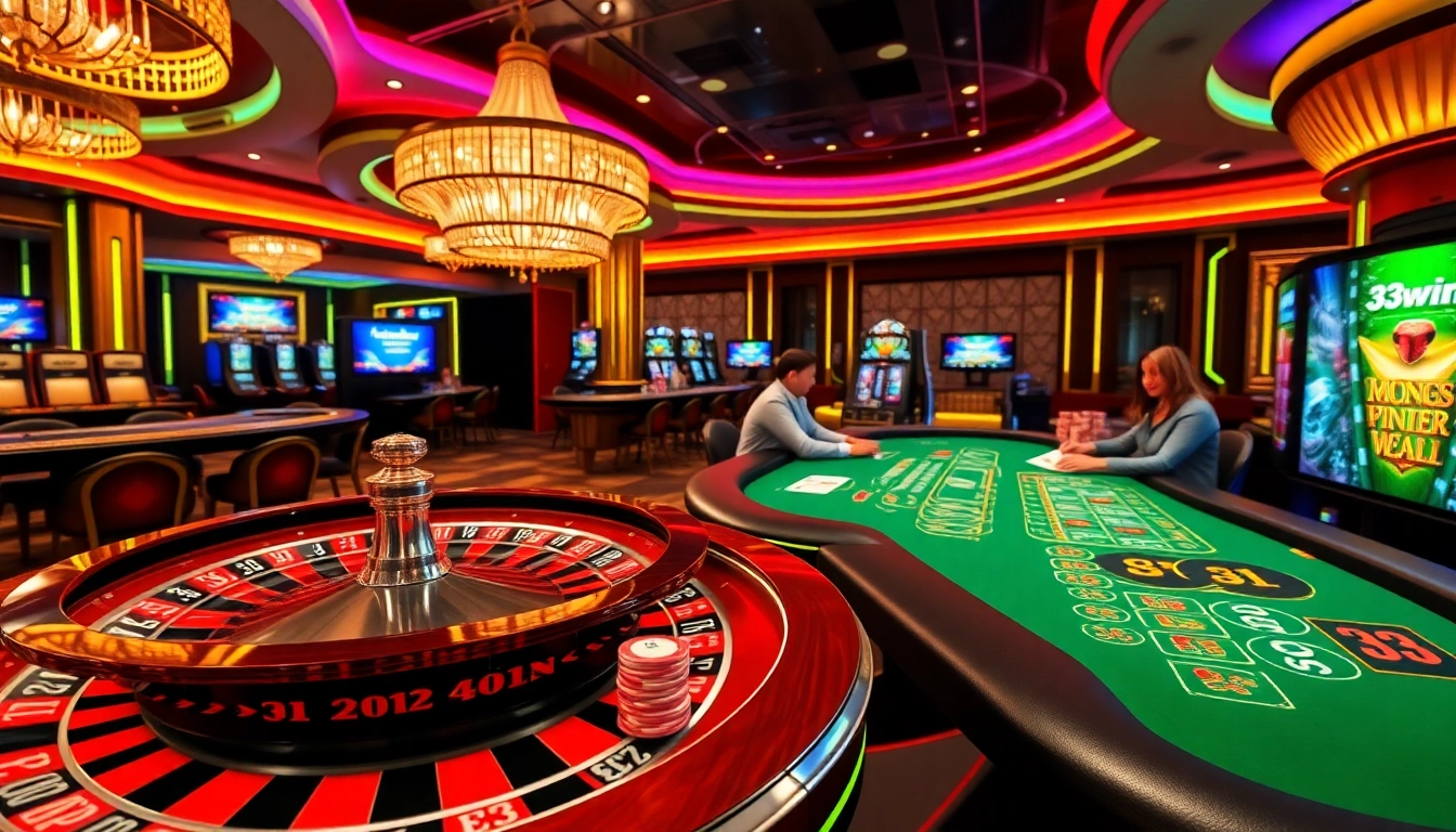 Players enjoying a thrilling game at 33win casino with vibrant tables and exciting gambling action.