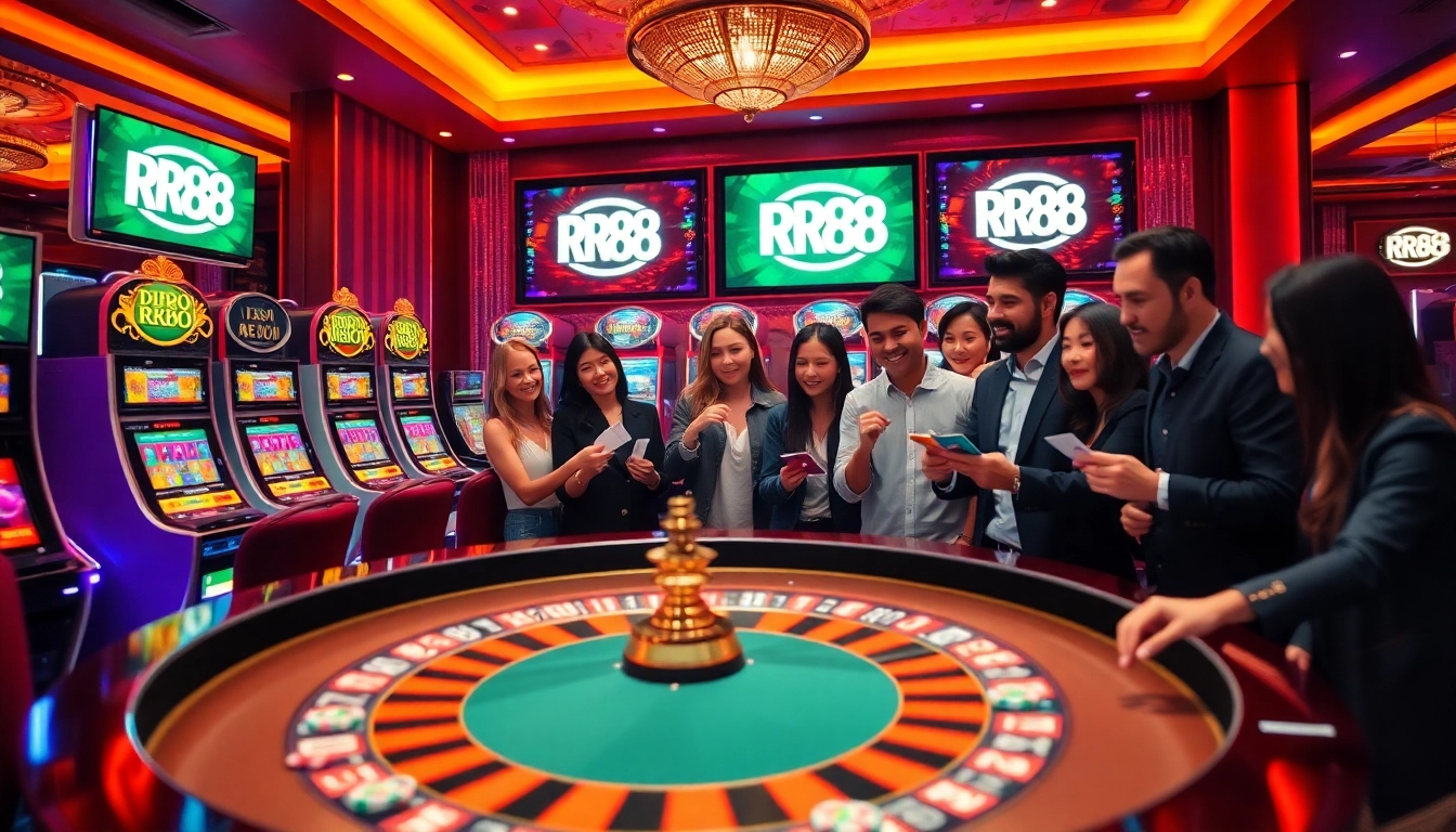 Exciting gambling scene at RR88 casino with players enjoying roulette and slot machines.