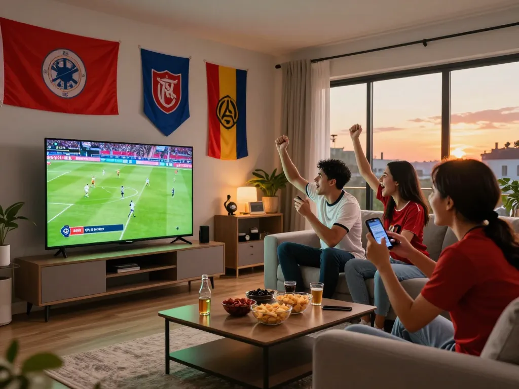 Friends enjoying a live soccer match on Okwintv in a vibrant living room, capturing the excitement of sports.