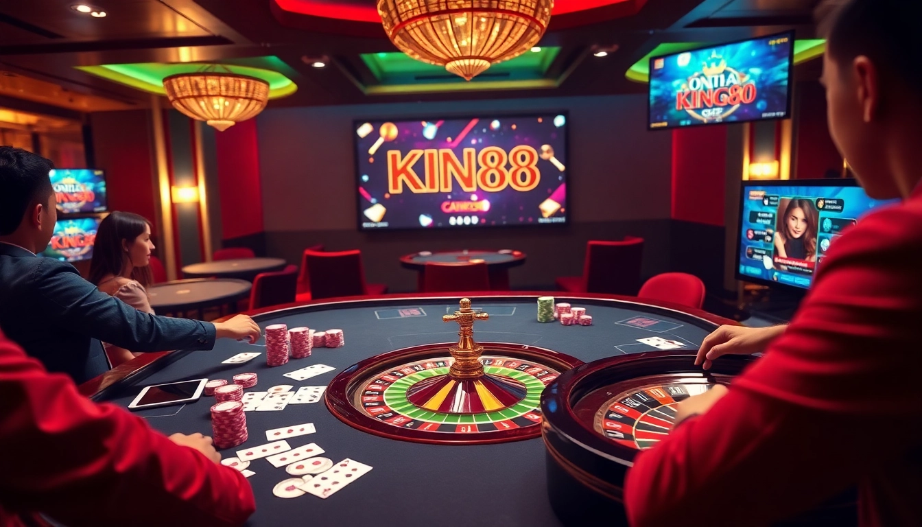 Gamblers enjoying a lively game at King88 casino with vibrant tables and luxurious ambiance.