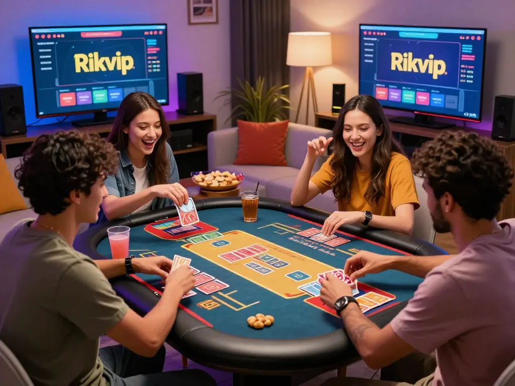 Friends enjoying Rikvip online gaming experience in a vibrant home setting with snacks.