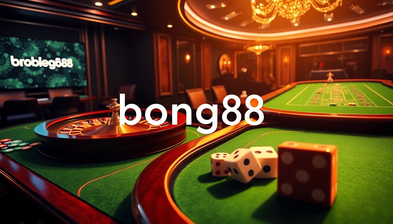 Bong88 players enjoying a lively casino atmosphere with roulette, poker chips, and dice.
