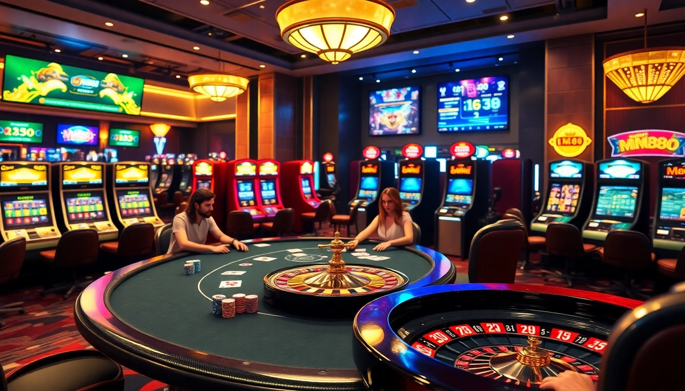 MM88 online gambling scene with poker table, chips, roulette wheel, and vibrant slot machines.