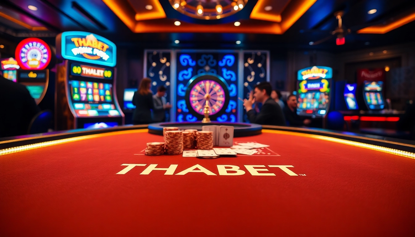 Engage at the THABET poker table with colorful chips and an exciting gaming atmosphere.