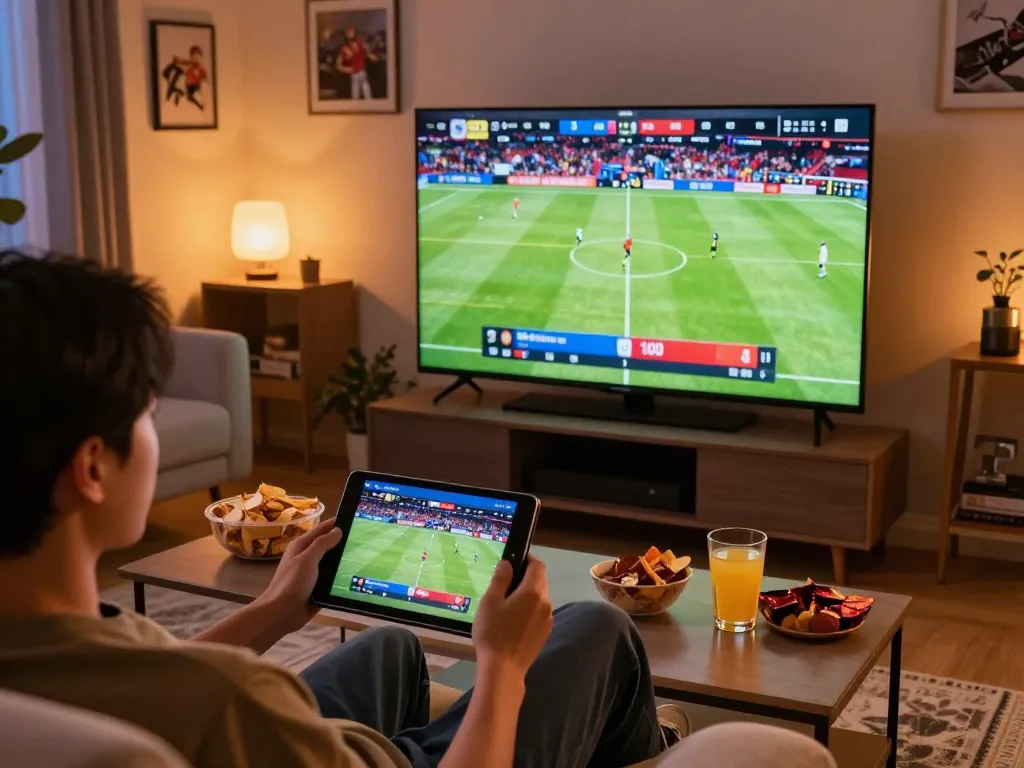 Xoilac home gaming scene showing a user engaging with live football streaming on a tablet, enhancing entertainment.