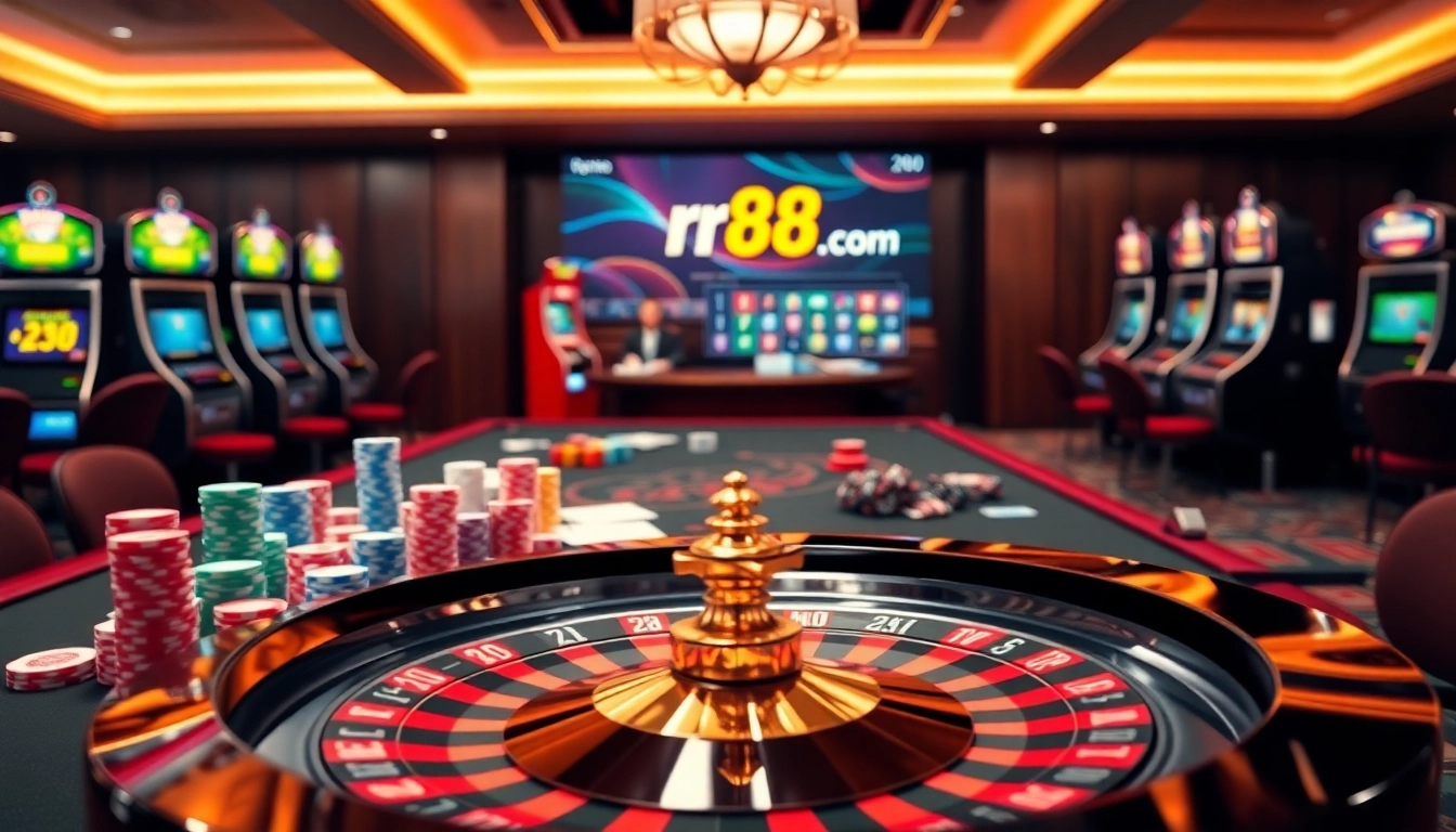 A vibrant casino scene featuring engaging gamblers and roulette wheel, showcasing rr88.com for a thrilling gambling experience.