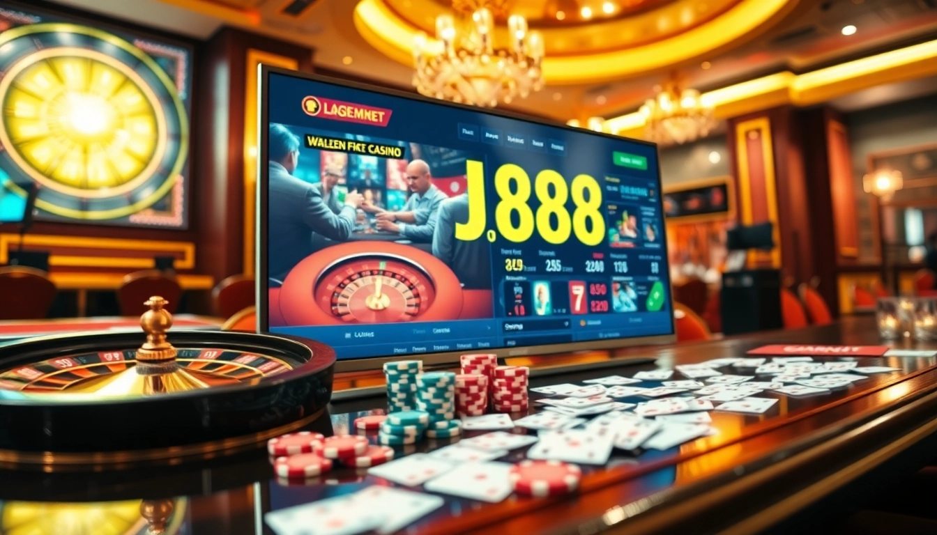BJ88 online gambling interface displayed prominently in a vibrant casino scene with poker chips and roulette.