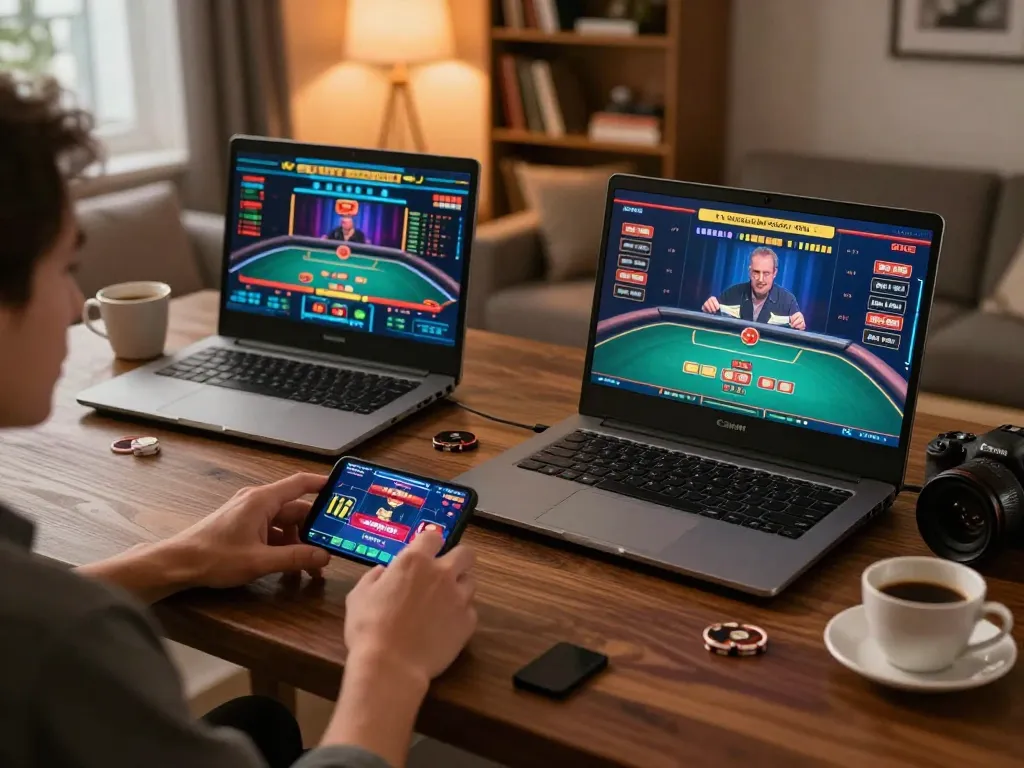 Tg88 player engaging in online casino gaming at home with laptop and smartphone, showcasing vibrant gameplay.