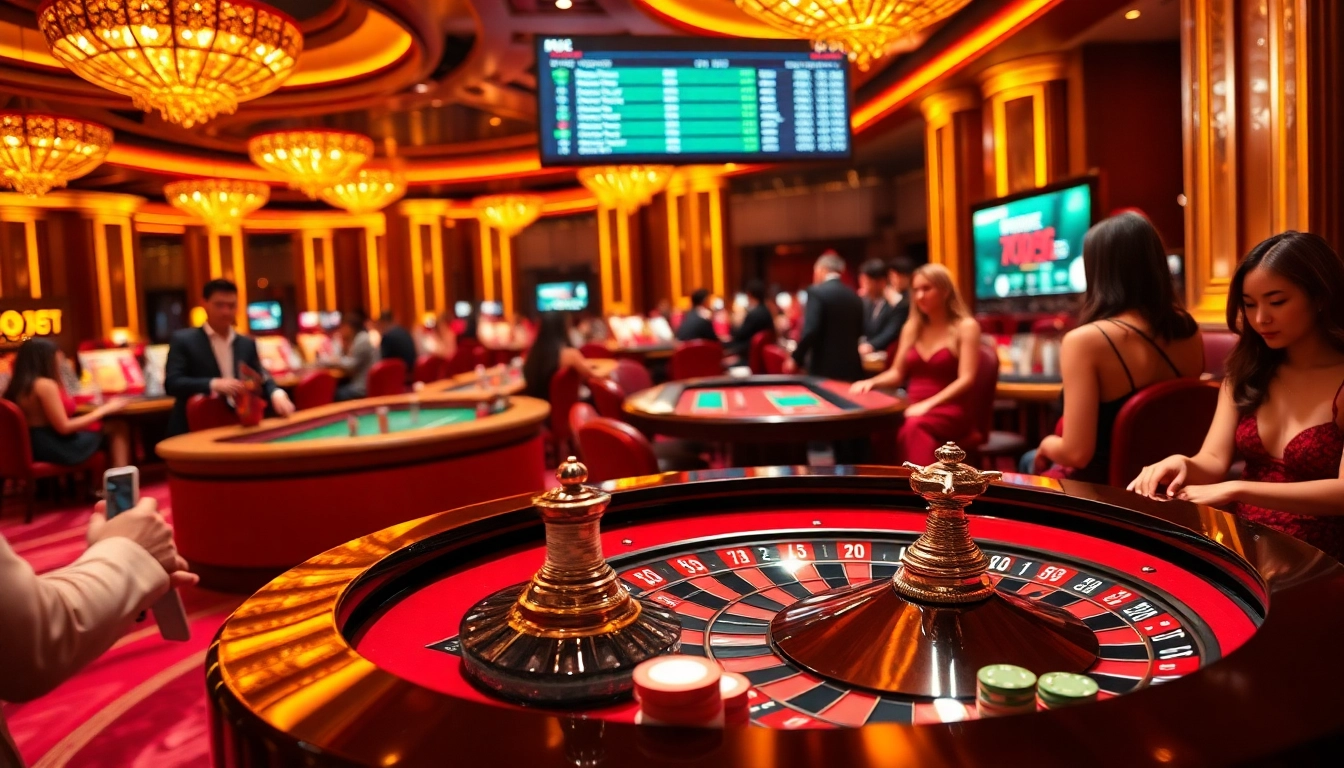 Casino scene showcasing the excitement of tỷ lệ nhà cái with players at roulette and poker tables.