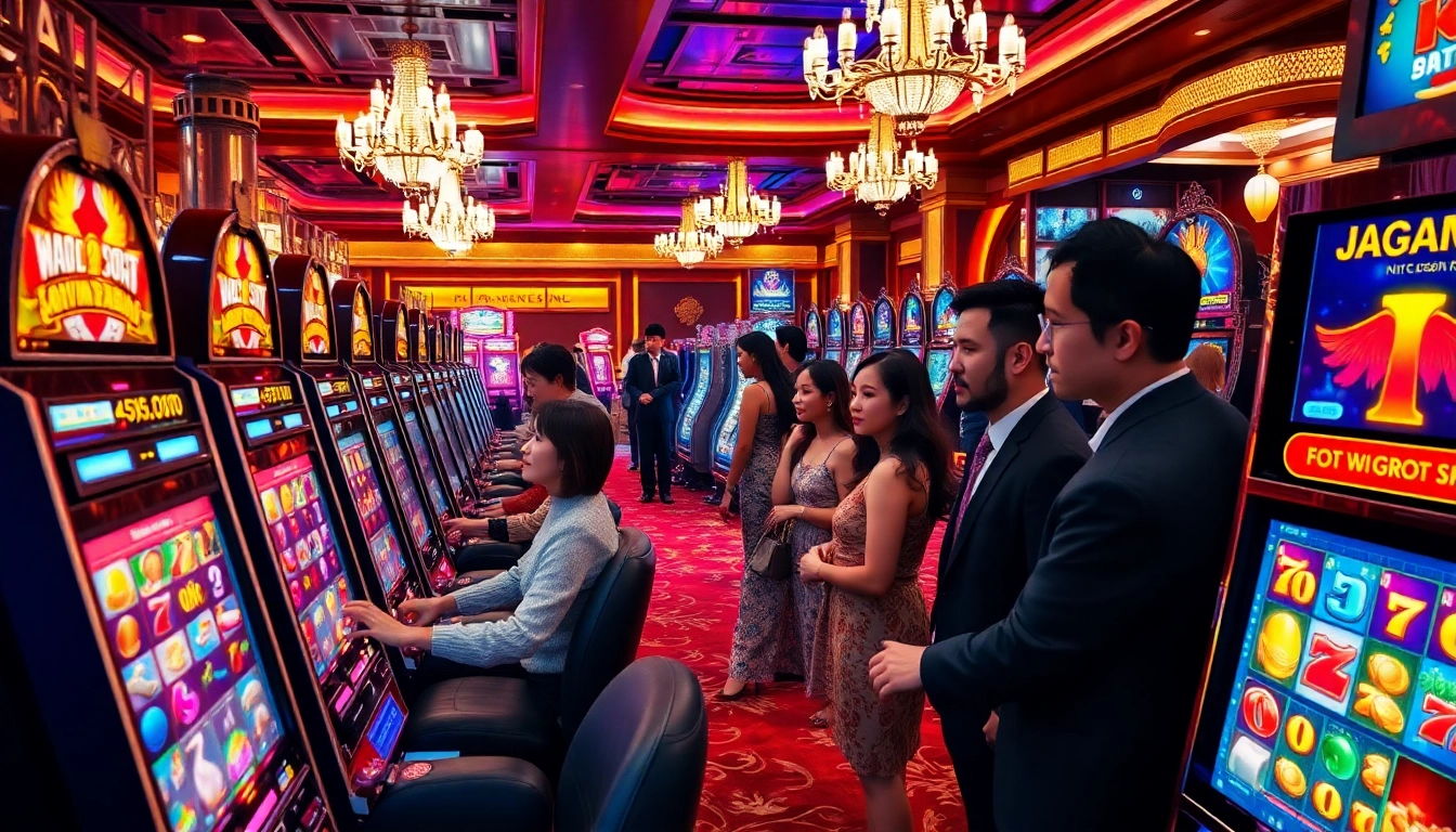 Nổ Hũ Đổi Thưởng players enjoying exciting slot machines in a glamorous casino setting, capturing the thrill of winning.