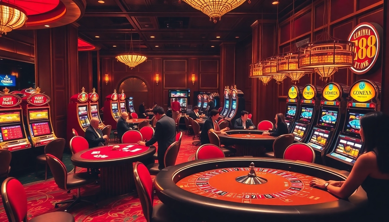 EE88 players enjoying high-stakes poker games and roulette on a luxurious casino floor.