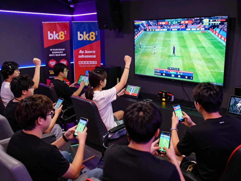 Engaged players enjoying bk8 online betting in a vibrant gaming lounge with screens displaying live events.