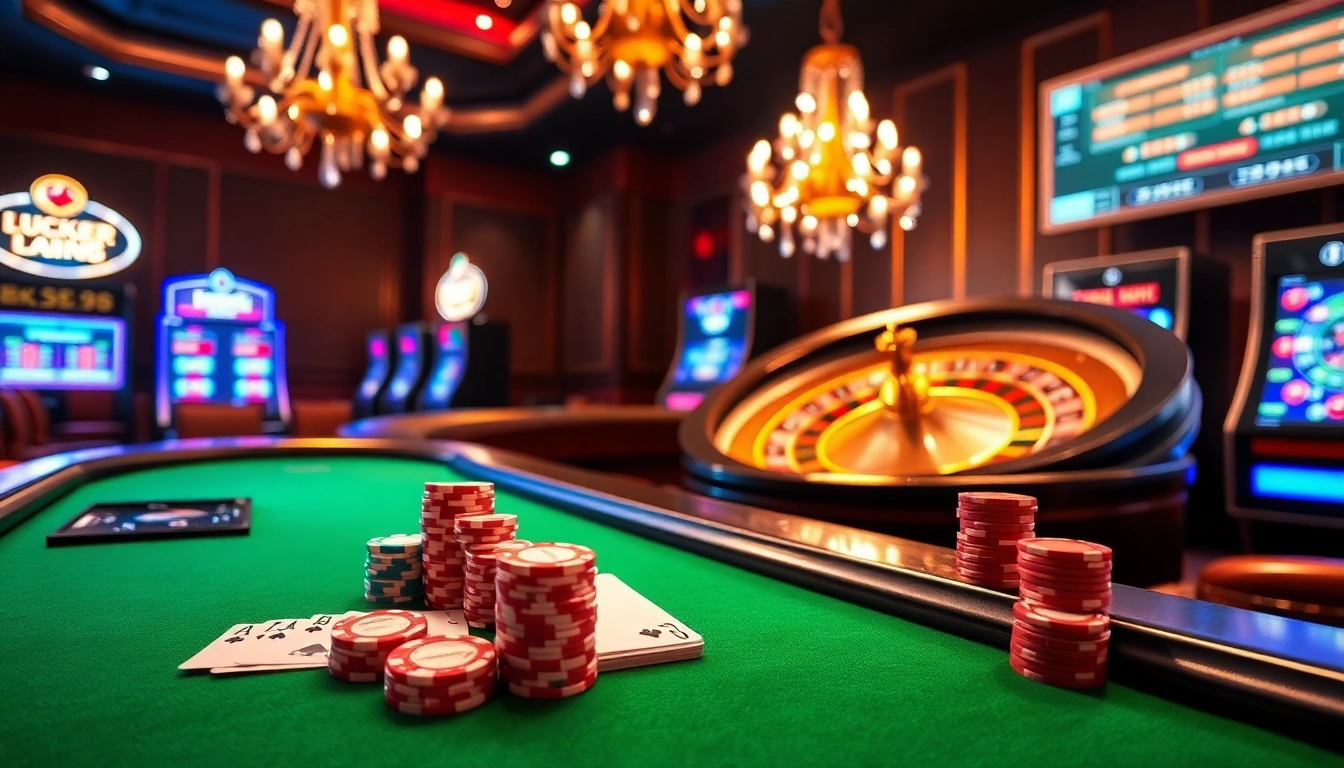 Experience thrilling gameplay at LUCK8's luxurious online casino, featuring vibrant poker chips and a roulette wheel.