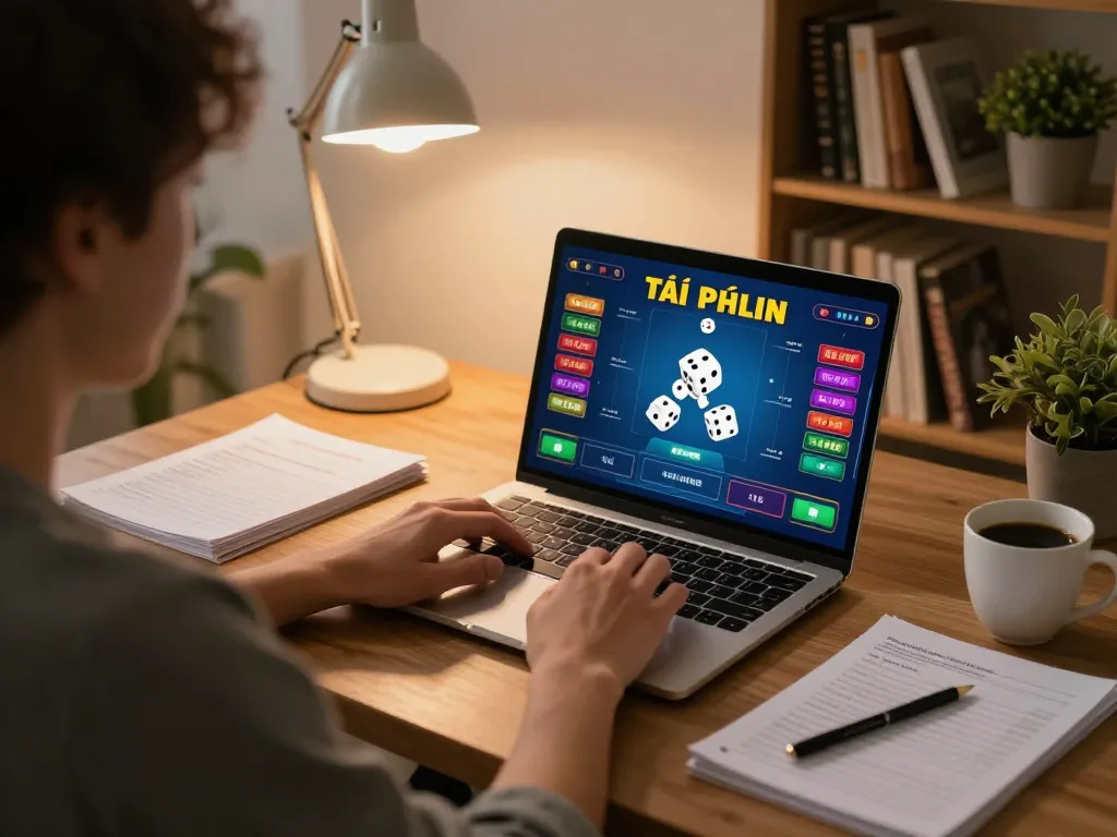 Engaging in tài xỉu online gameplay with a live dice interface on a laptop in a cozy home office setting