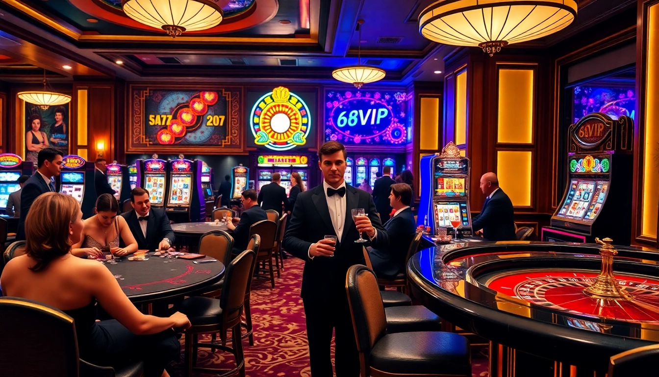 Experience the thrill of 68VIP with luxurious casino tables and engaging gamblers.