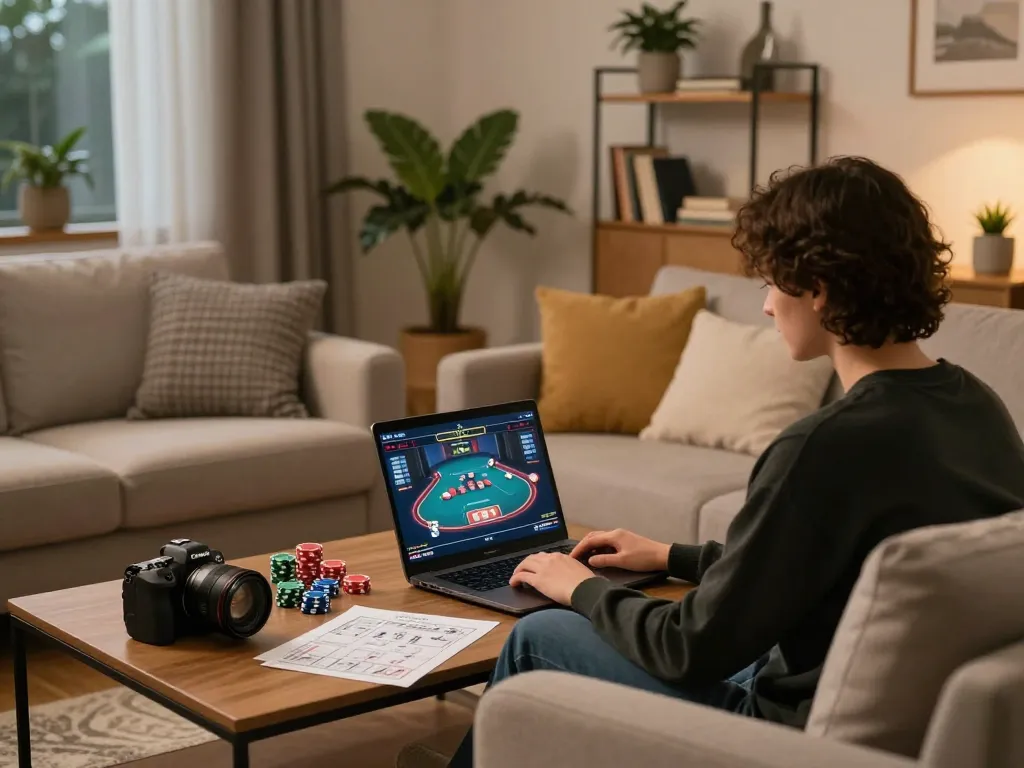 Person enjoying online poker on iwinn platform in a cozy living room setting.