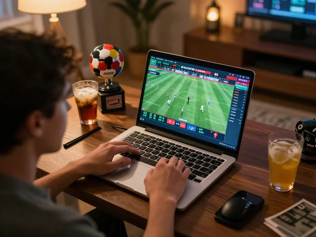 Engaging in online sports betting on 7M, person focused on live match odds displayed