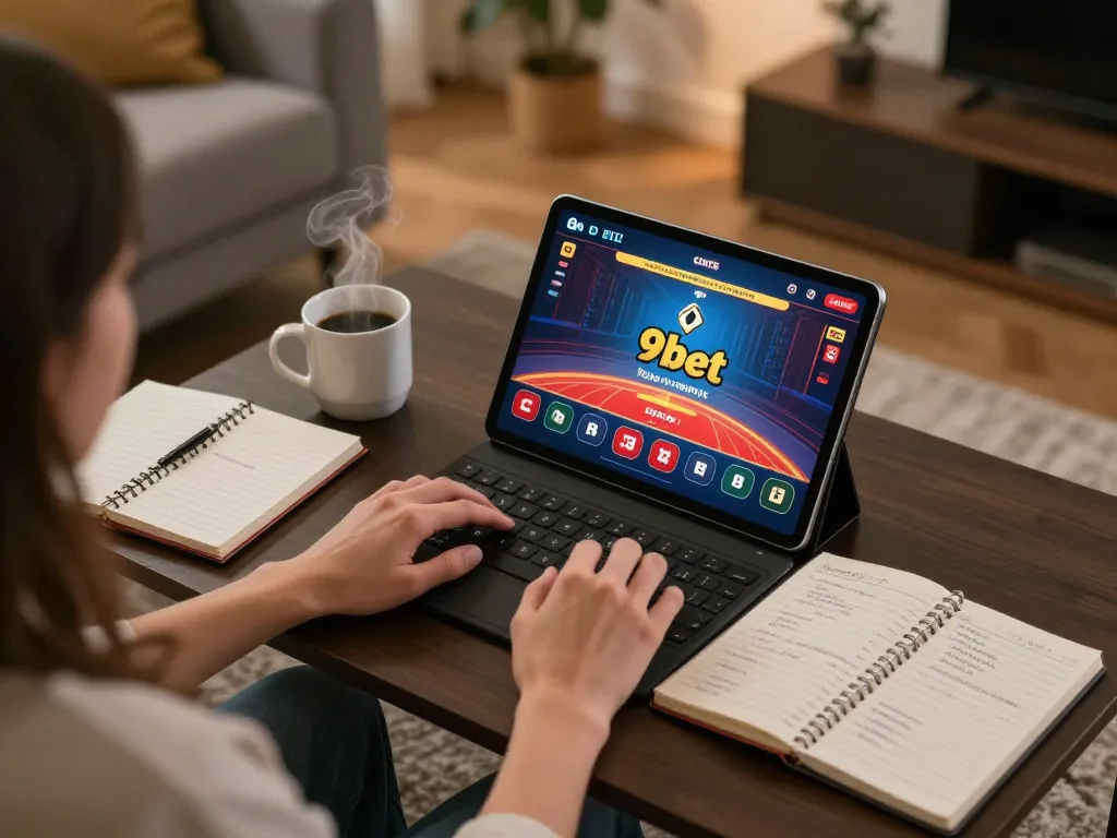 Person engaged in online gameplay on 9bet platform, enjoying a live dealer experience in a cozy setting.