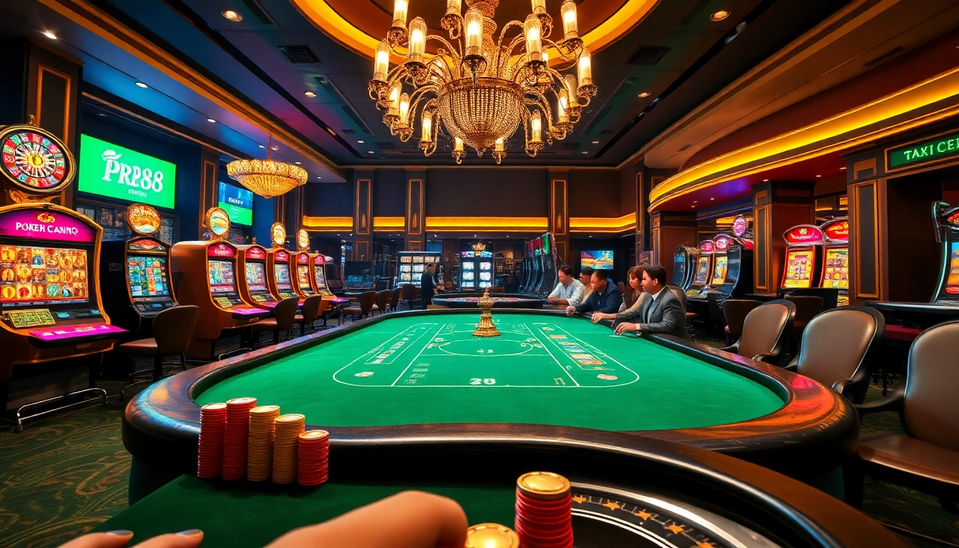 Experience excitement at rr88 casino with players engaging at a poker table surrounded by vibrant slot machines.