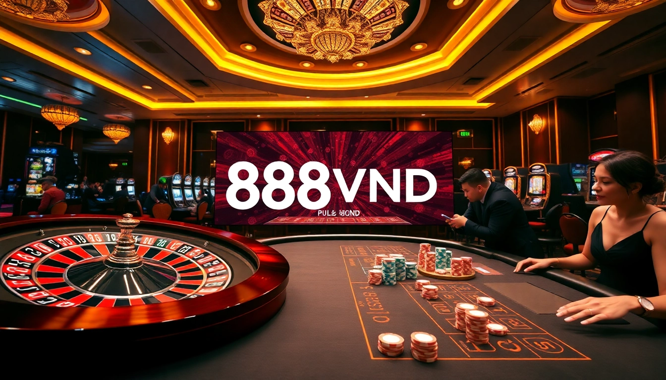 Exciting gameplay at 888VND casino with a glamorous roulette wheel and poker action.