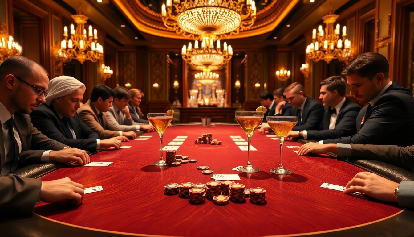 KK55 poker game scene showcasing players and colorful chips in an elegant casino setup.