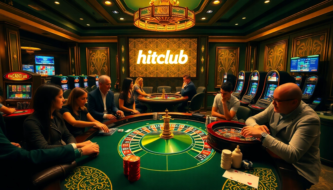 Players enjoying a game of poker at hitclub, surrounded by vibrant casino elements and engaging interfaces.