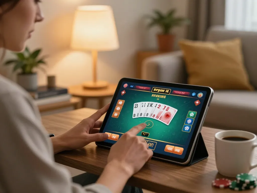 Engaged player using Xo88 tablet for strategic online casino games in cozy home.