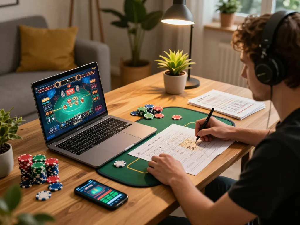 Player engaging in a live dealer game on fa88 platform at home with strategy notes visible.