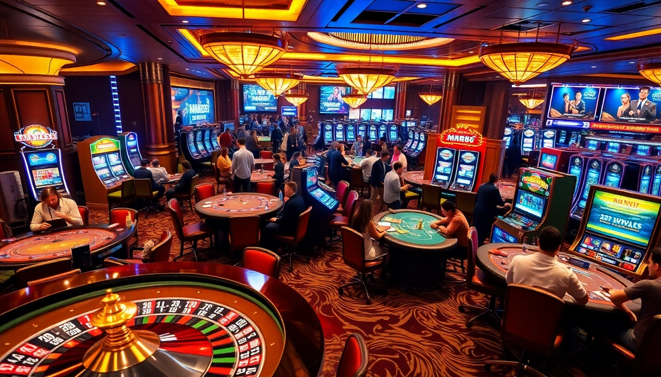 Engaging scene of an MM88 casino floor with players at tables and vibrant slot machines.