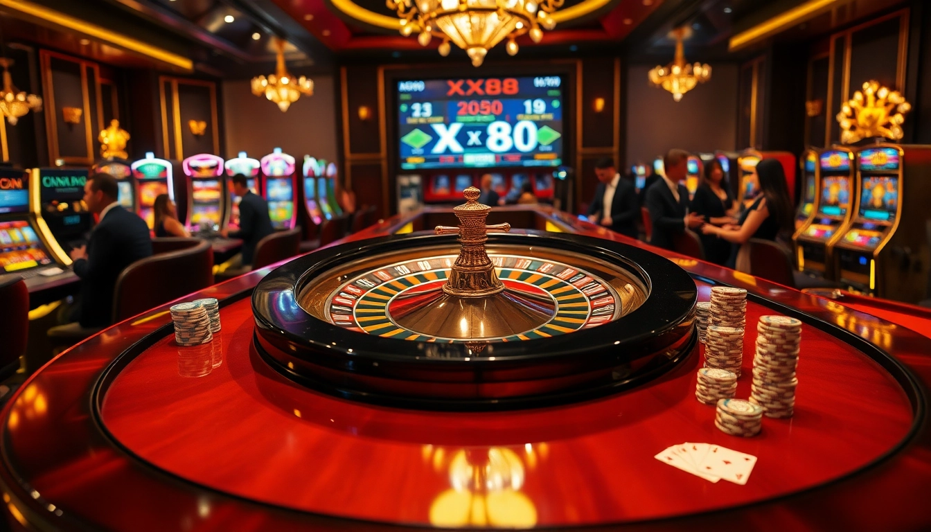 Experience the excitement of gambling at XX88 with vibrant casino elements like roulette and poker chips.