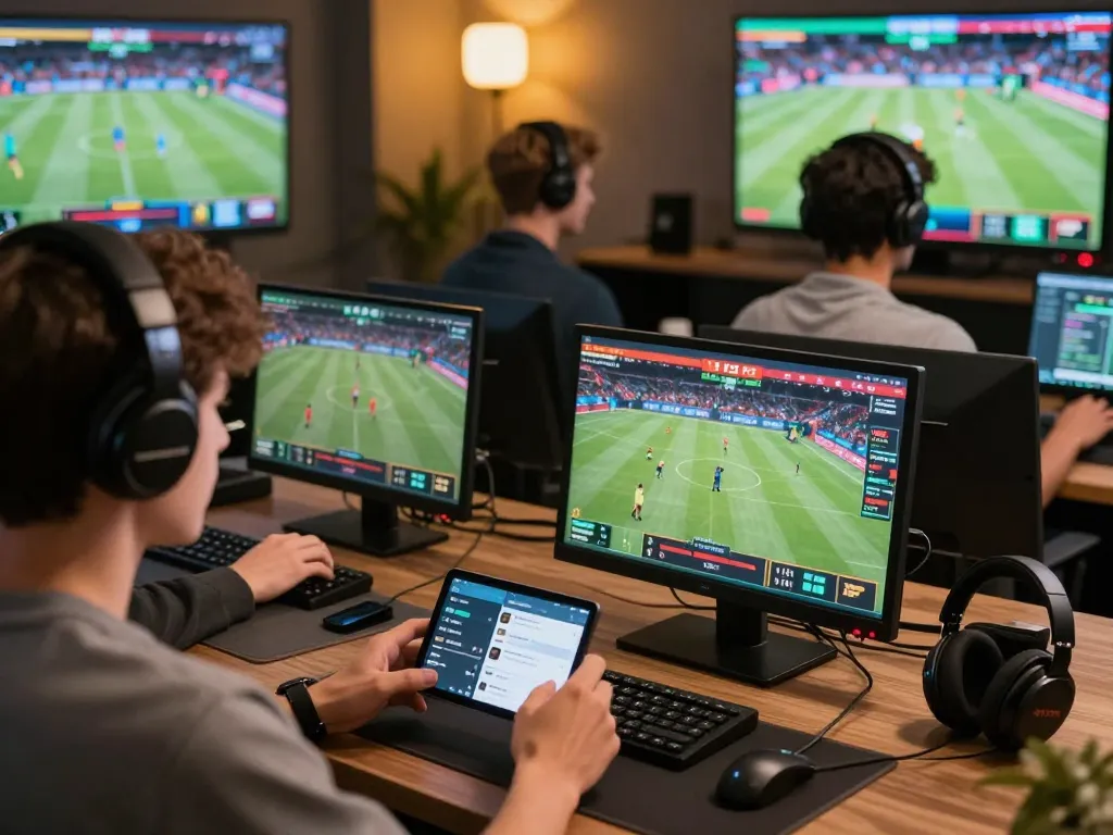 Dynamic sports betting engagement with lc88 app on multiple screens, showcasing strategic gameplay and excitement.