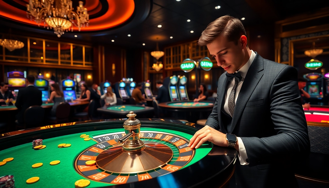 Players enjoy an exciting game of roulette at hello88 casino, surrounded by vibrant atmosphere and luxury vibes.