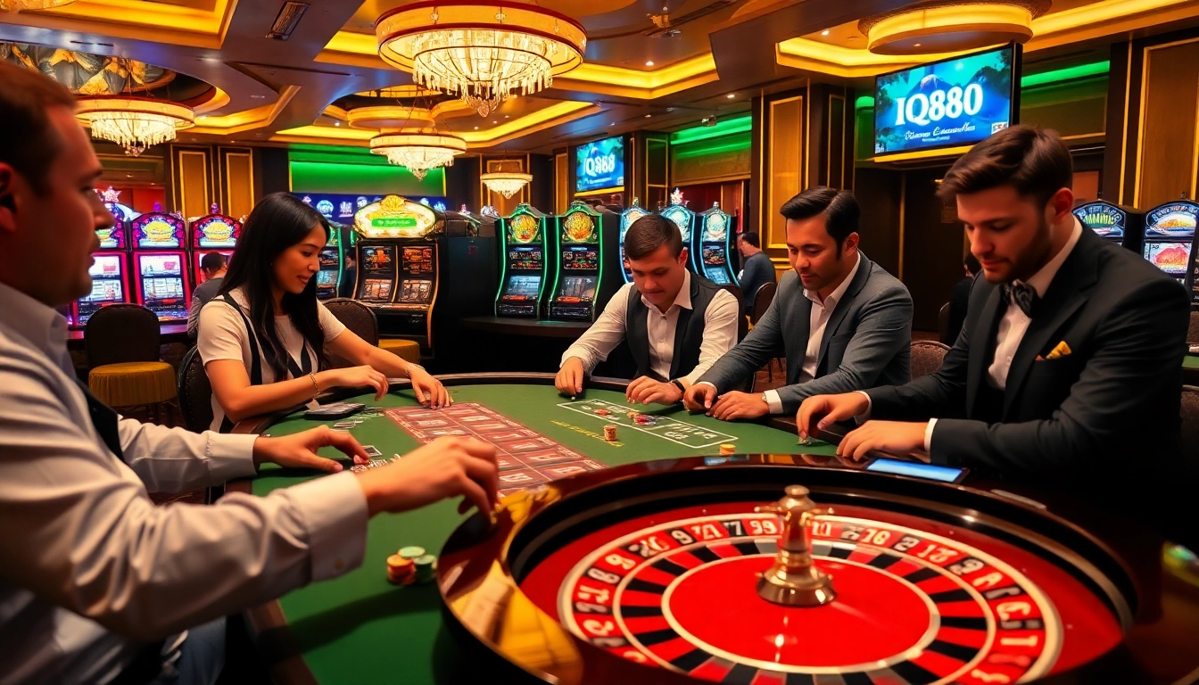 Players enjoying strategic card games at IQ88 casino tables, surrounded by vibrant slot machines.