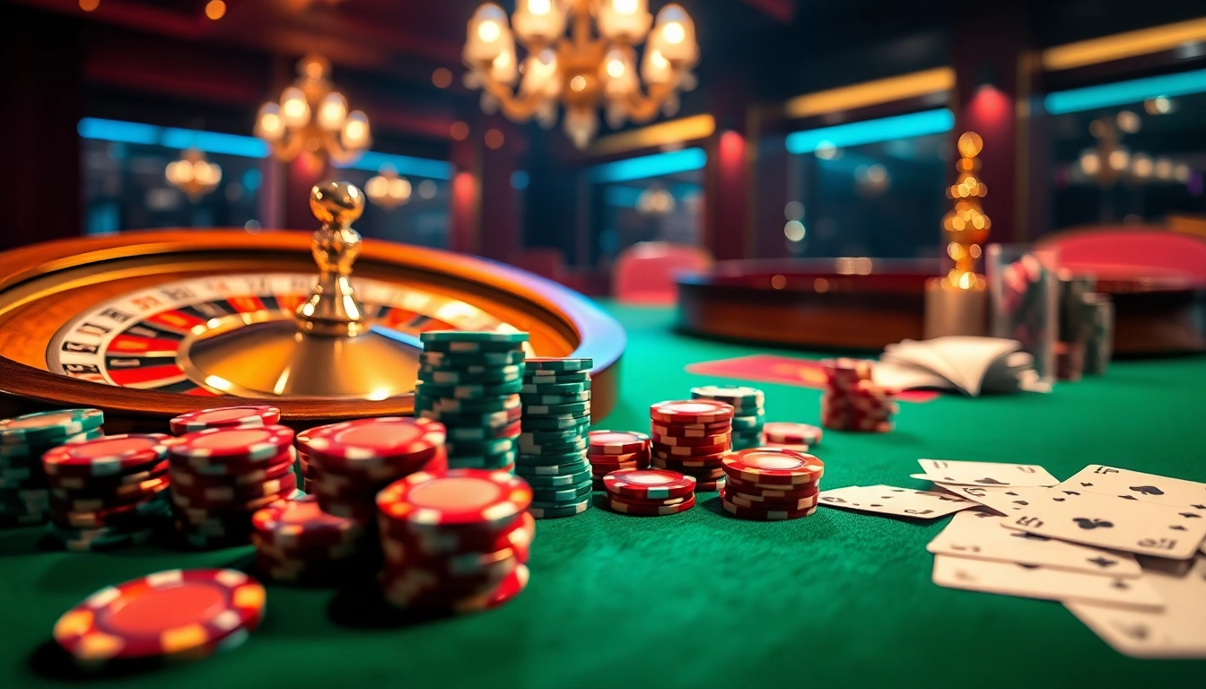Engaging scene of high-stakes gaming at bj38 with vibrant casino elements including chips, cards, and a roulette wheel.