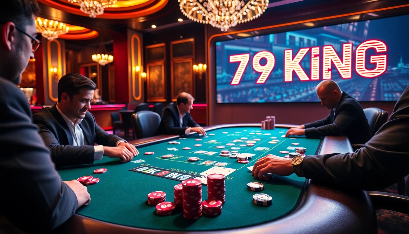 Players strategizing at a vibrant poker table with 79KING branding and dynamic casino atmosphere.