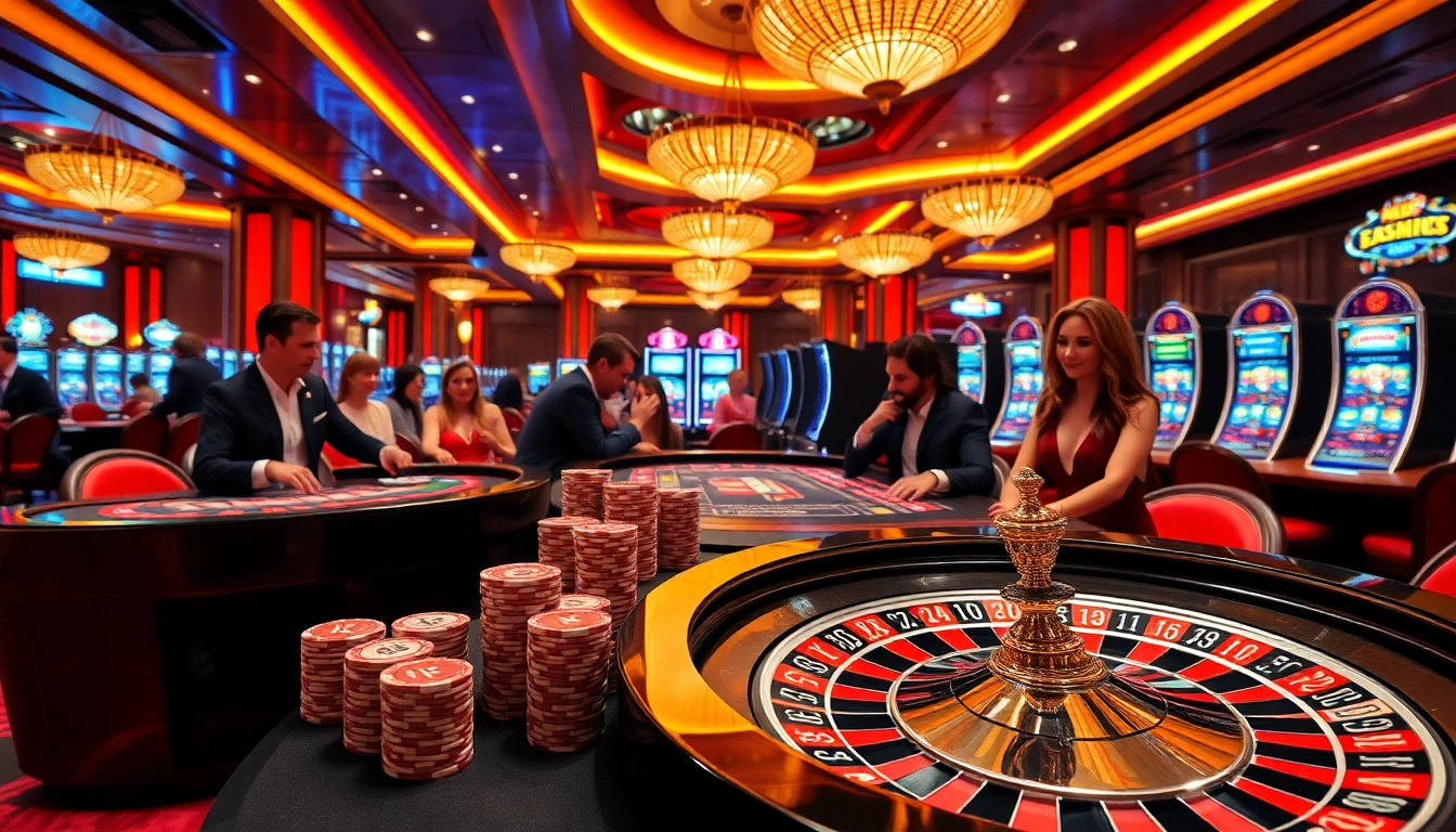 KJC logo featured prominently at luxurious casino tables with poker chips and vibrant gaming action.