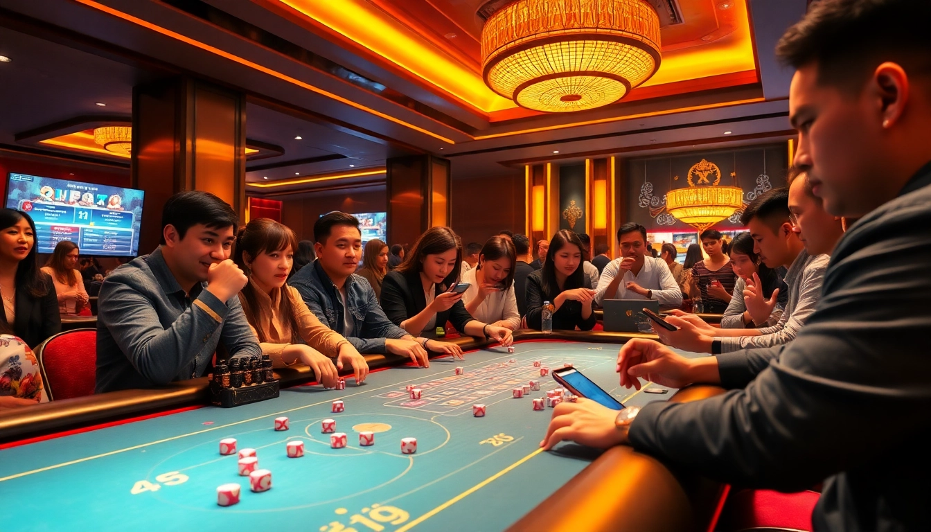 Engaging players experiencing the excitement of tài xỉu md5 at a luxurious casino table, emphasizing interaction and high stakes.