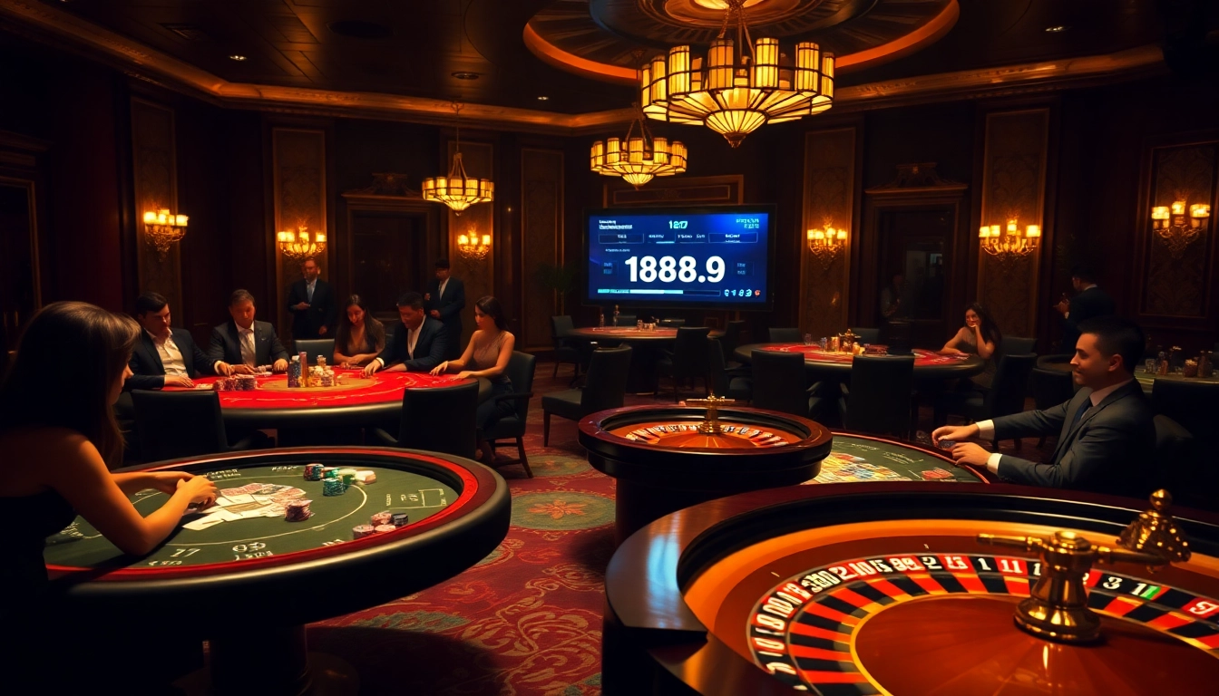 Players enjoying high-stakes poker at a luxurious casino while using https://188v.today/ for betting insights.