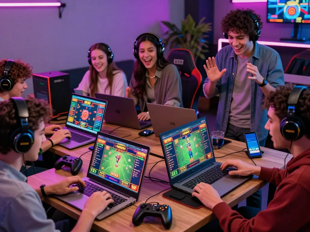 Friends enjoying online gaming at EE88 with vibrant digital screens and a lively atmosphere.