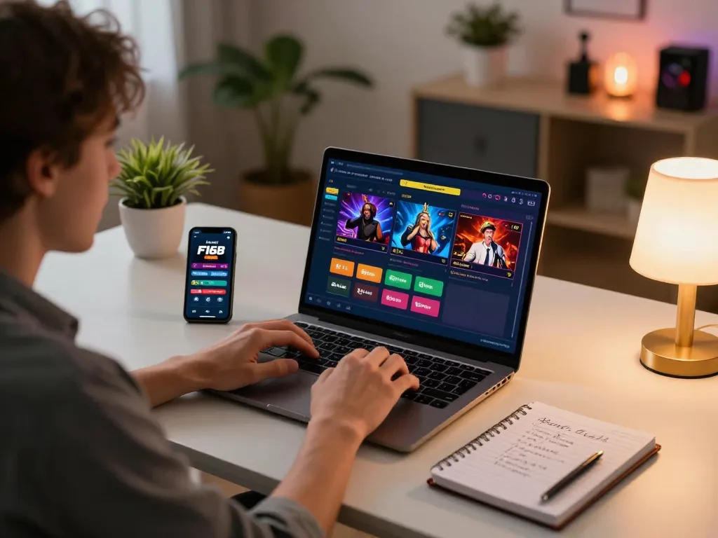 Player engaged with F168 casino app on smartphone, focused on laptop's live gaming interface.
