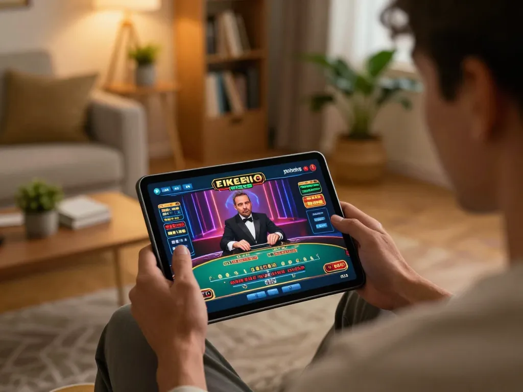 Engaged player enjoying a live vnloto casino game on tablet, showcasing immersive online gambling.