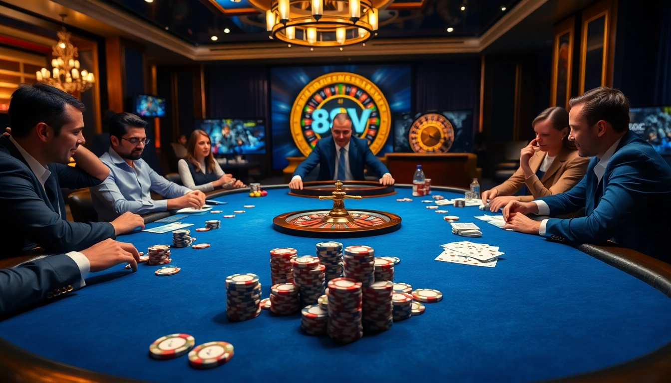 Players enjoying a thrilling poker game at 88vv's luxurious casino table, showcasing excitement and strategy.