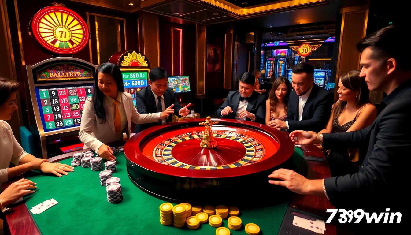 Players enjoying a thrilling moment at a luxurious casino table featuring 789win branding and exciting games.