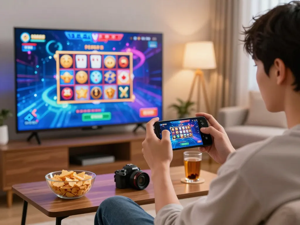 Engaging gaming scene with a player using the tai rikvip app on a smartphone in a vibrant living room.