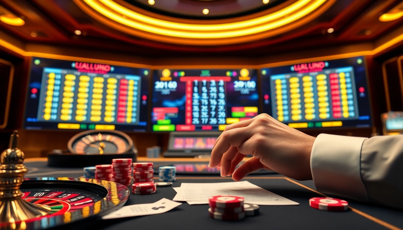 Professional gambler placing bets on lô đề trực tuyến interface with vibrant digital lottery grids